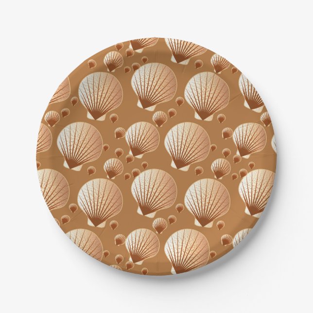 Chocolate and tan seashells on cocoa brown paper plates (Front)