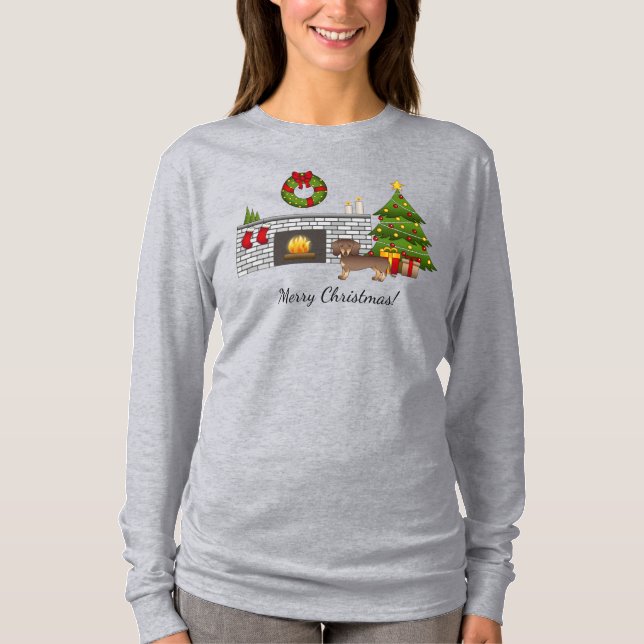 Chocolate And Tan Short Hair Dachshund - Christmas T-Shirt (Front)