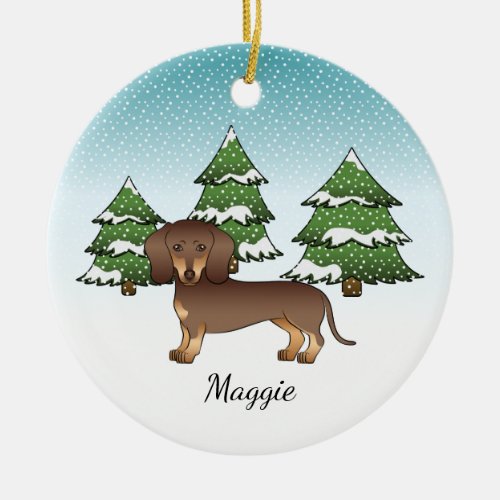 Chocolate And Tan Short Hair Dachshund In Winter Ceramic Ornament