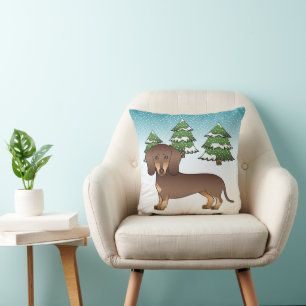 Chocolate And Tan Short Hair Dachshund In Winter Throw Pillow