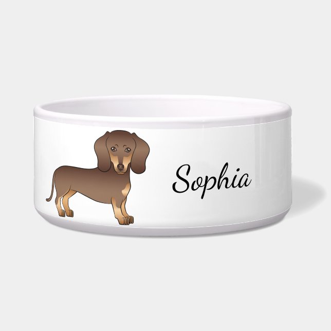 Chocolate And Tan Short Hair Dachshund & Name Bowl (Front)