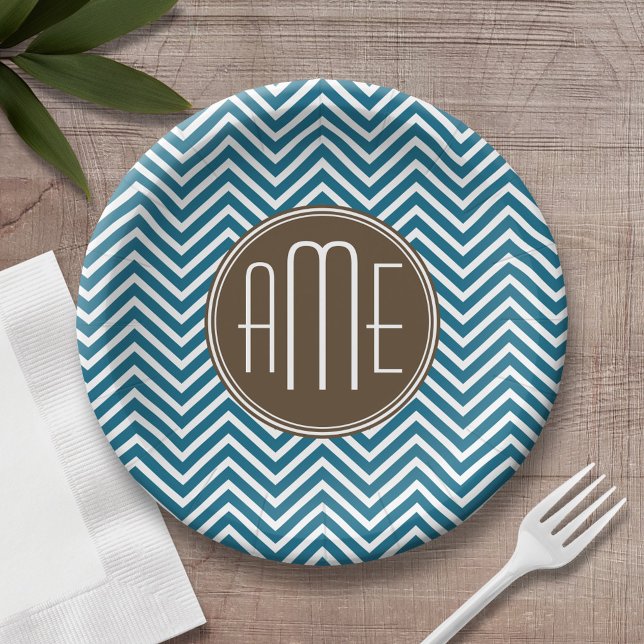 Chocolate and Teal Chevron Pattern with Monogram Paper Plates (Personalized birthday plate with monogram)