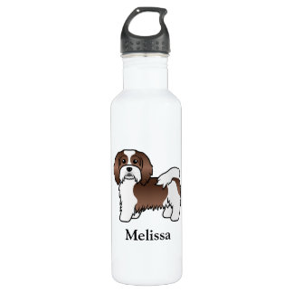 Chocolate And White Havanese Cartoon Dog &amp; Name Stainless Steel Water Bottle