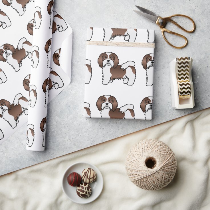 Chocolate And White Havanese Cartoon Dog Pattern Wrapping Paper | Zazzle