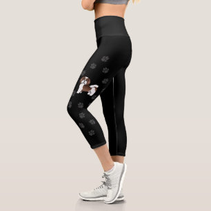 Chocolate And White Havanese Cartoon Dog & Paws Capri Leggings
