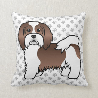 Chocolate And White Havanese Cartoon Dog &amp; Paws Throw Pillow
