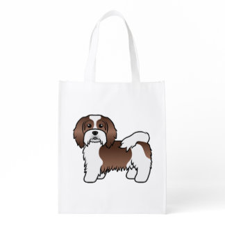 Chocolate And White Havanese Cute Cartoon Dog Grocery Bag
