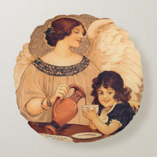 Chocolate Angel French Antique Round Pillow
