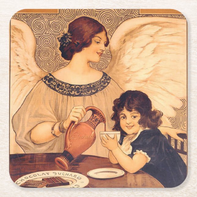 Chocolate Angel French Antique Square Paper Coaster (Front)