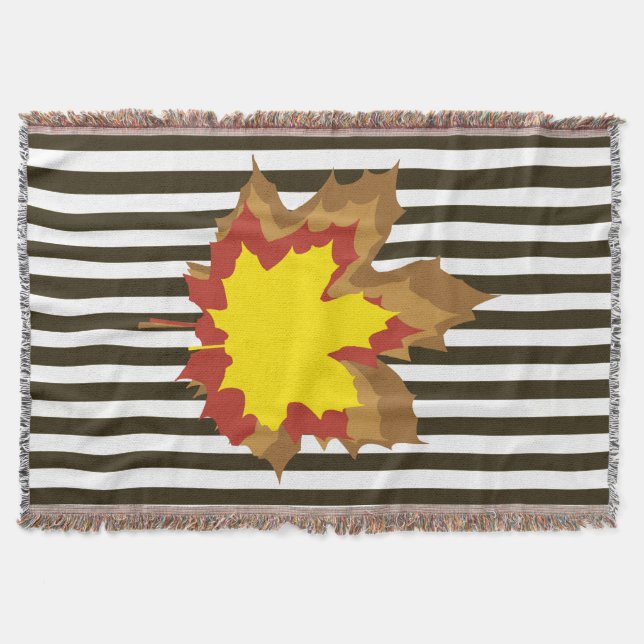 Chocolate Autumnal Stripes with Leaves Throw Blanket (Front)