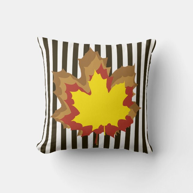 Chocolate Autumnal Stripes with Leaves Throw Pillow (Front)