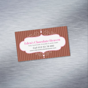 Chocolate bake shop brown stripe contact reminder business card magnet