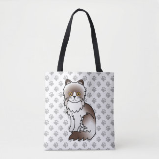 Chocolate Bi-Color Persian Cartoon Cat &amp; Paws Tote Bag