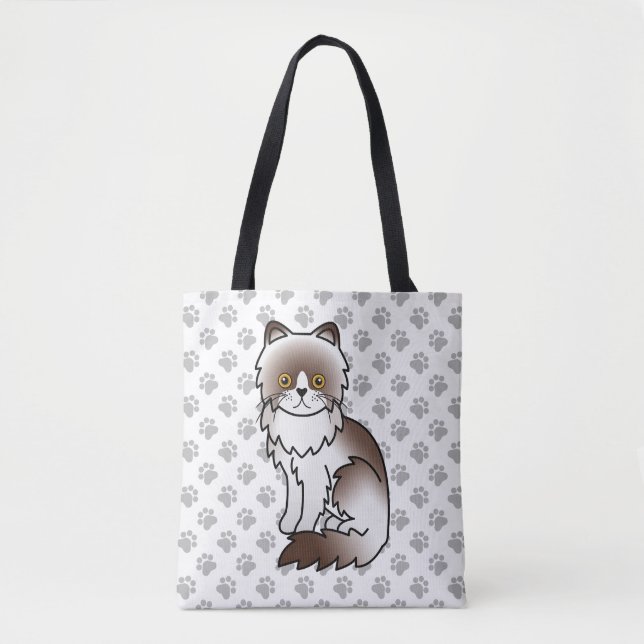 Chocolate Bi-Color Persian Cartoon Cat & Paws Tote Bag (Front)
