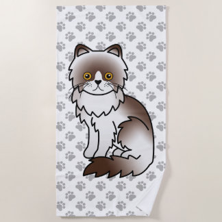Chocolate Bi-Color Persian Cute Cartoon Cat &amp; Paws Beach Towel