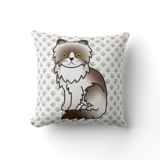 Chocolate Bi-Color Persian Cute Cartoon Cat &amp; Paws Throw Pillow
