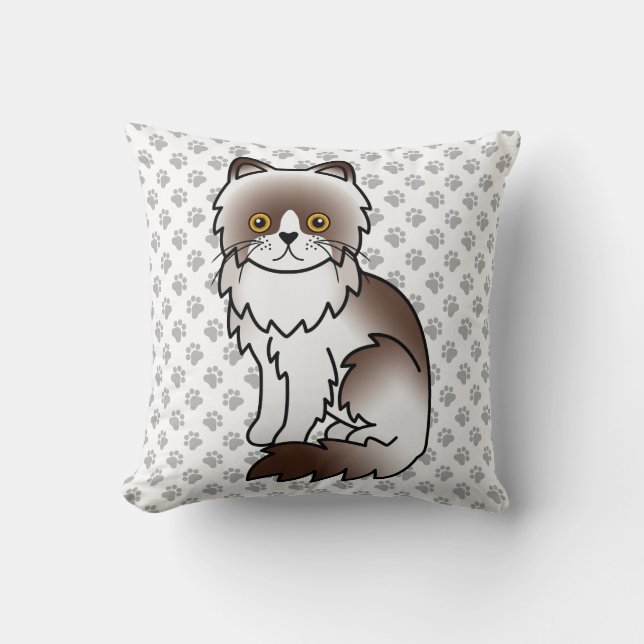 Chocolate Bi-Color Persian Cute Cartoon Cat & Paws Throw Pillow (Front)