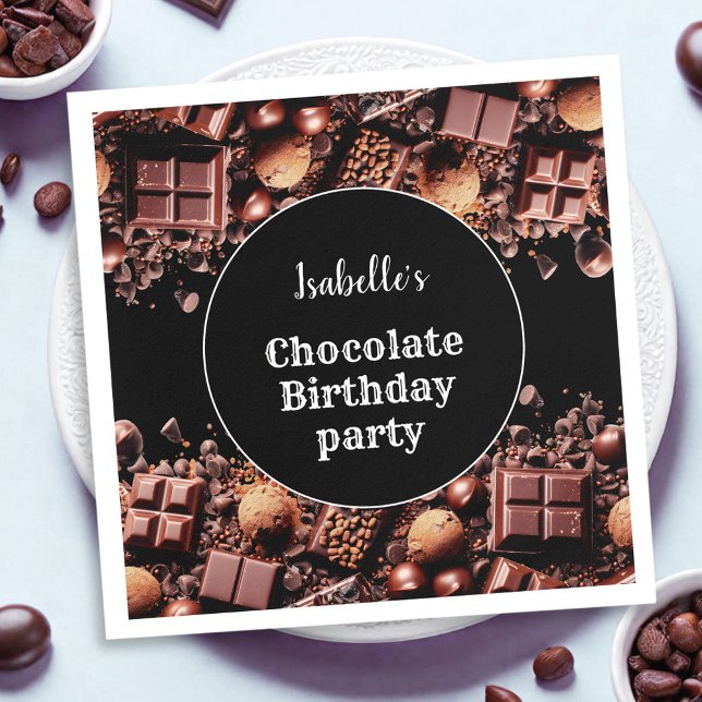 Chocolate Birthday Party Dark Custom Text Name Napkins (Chocolate Birthday Party Dark Custom Text Name Napkins)
