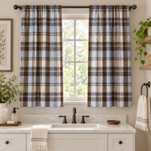Chocolate Blue & Cream Plaid Window Curtains