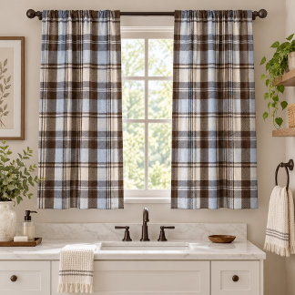 Chocolate Blue & Cream Plaid Window Curtains