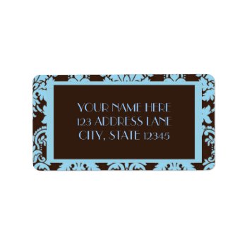 Chocolate Blue Damask Label by cami7669 at Zazzle