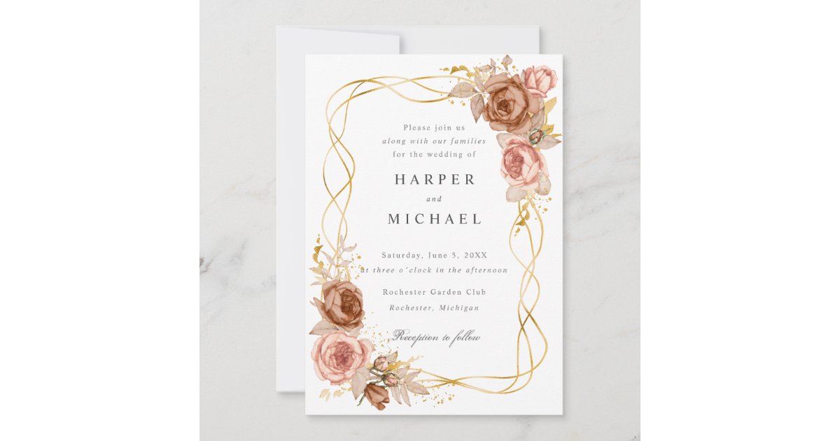 Personalized Wedding Thank You Card, Vintage Floral, Blush Pink, Ivory,  Gold Leaf (FAUX), Damask