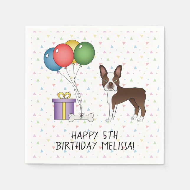Chocolate Boston Terrier Cartoon Dog - Birthday Napkins (Front)