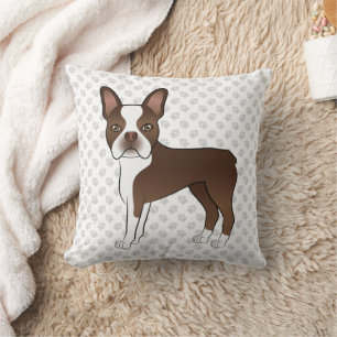 Chocolate Boston Terrier Cartoon Dog Illustration Throw Pillow