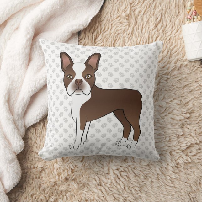 Chocolate Boston Terrier Cartoon Dog Illustration Throw Pillow (Blanket)