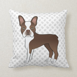 Chocolate Boston Terrier Cartoon Dog Illustration Throw Pillow