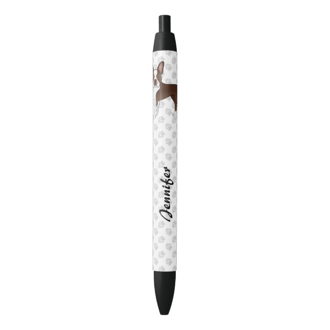 Chocolate Boston Terrier Cute Cartoon Dog & Name Pen (Front Vertical)