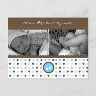 chocolate brown and blue birth announcement postcard