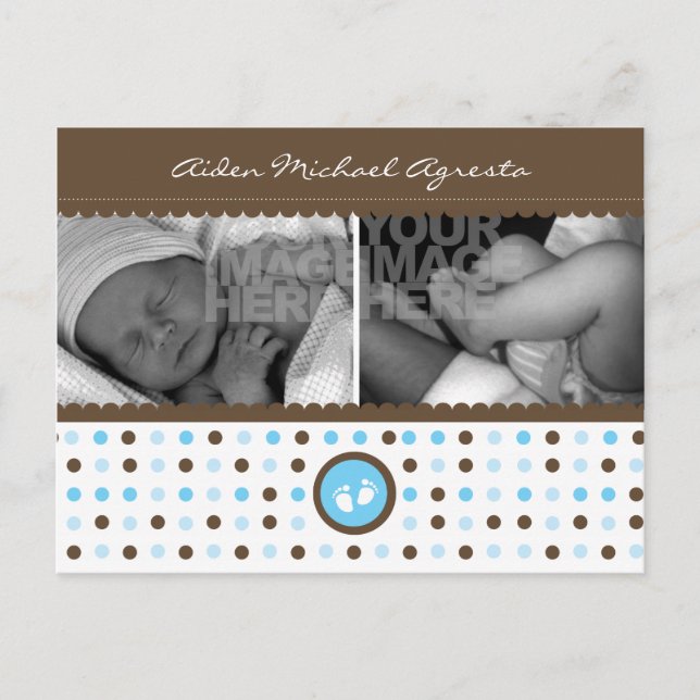 chocolate brown and blue birth announcement postcard (Front)