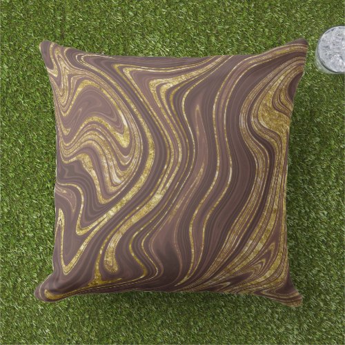 Chocolate Brown  and Gold Marble Look Pattern Outdoor Pillow