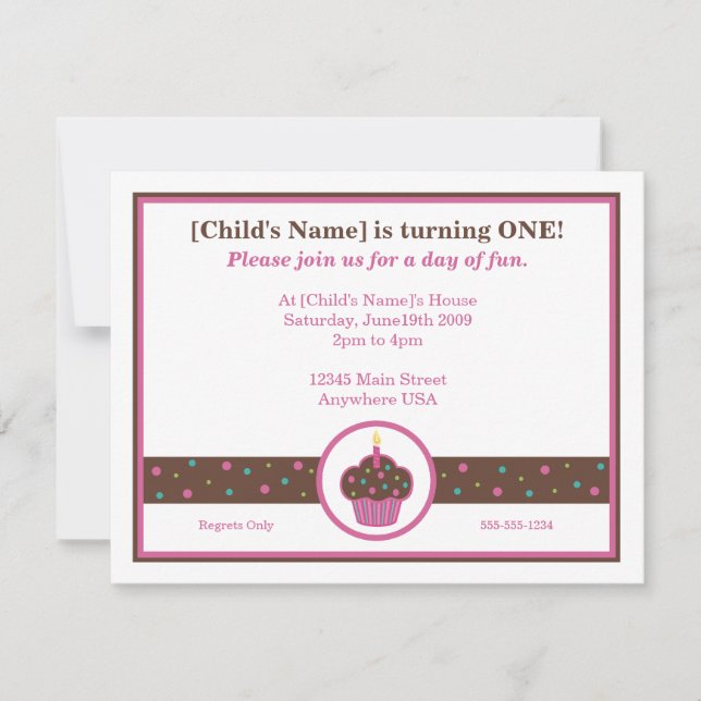 Chocolate Brown and Pink Cupcake Themed Invitation (Front)