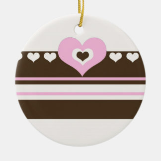 Chocolate Brown and Pink Heart Stripe Ceramic Ornament
