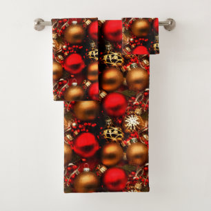 Chocolate Brown and Ruby Red Christmas Ornaments Bath Towel Set