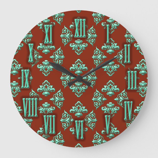 Chocolate Brown and Teal Damask Clock (Front)