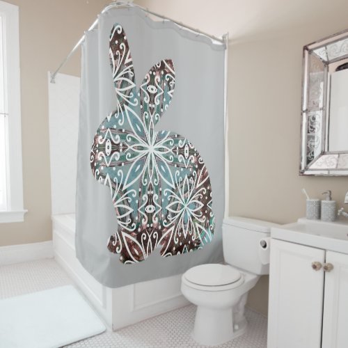 Chocolate Brown and Turquoise Blue Mandala Bunny Shower Curtain