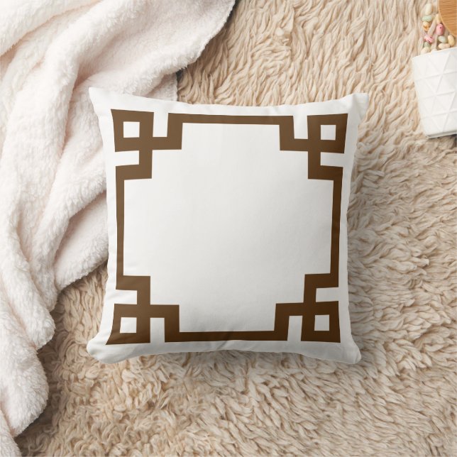 Chocolate Brown and White Greek Key Border Throw Pillow (Blanket)
