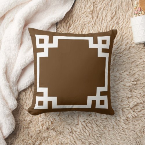 Chocolate Brown and White Greek Key Border Throw Pillow