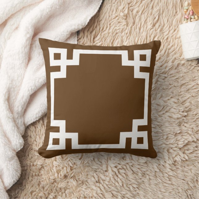 Chocolate Brown and White Greek Key Border Throw Pillow (Blanket)
