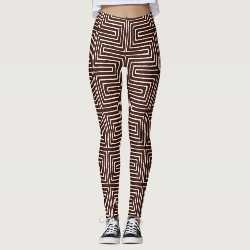 Chocolate Brown and White Maze African Mud Cloth Leggings