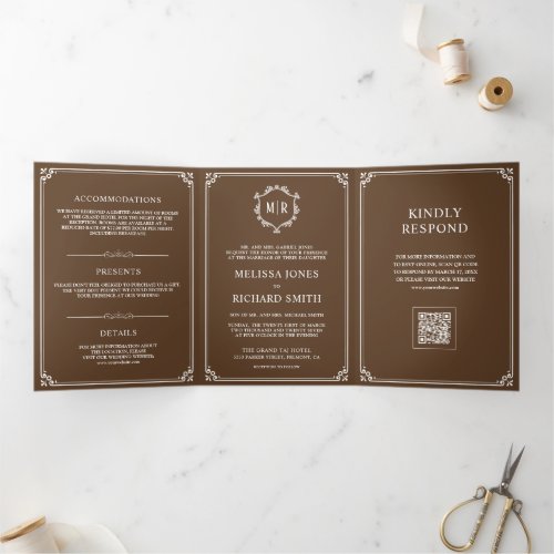 Chocolate Brown and White Monogram QR Code Wedding Tri-Fold Invitation