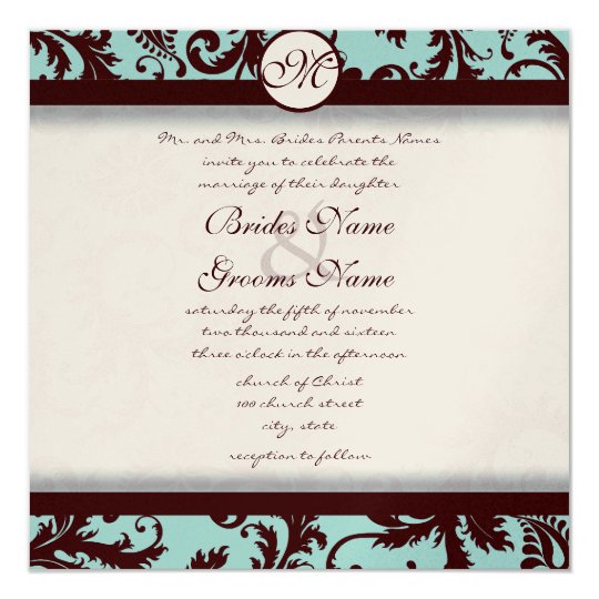 Chocolate Brown Aqua Damask Wedding Invitation | Zazzle.com