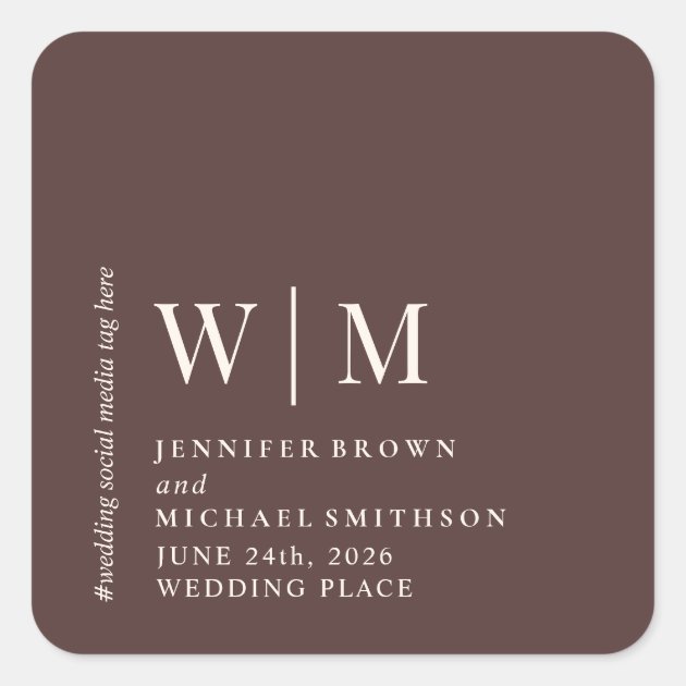 Chocolate Brown Beige Formal social media Wedding Square Sticker