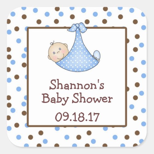 Chocolate Brown Blue Dot Baby Shower Favor Square Sticker