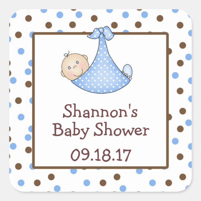 Chocolate Brown Blue Dot Baby Shower Favor Square Sticker (Front)