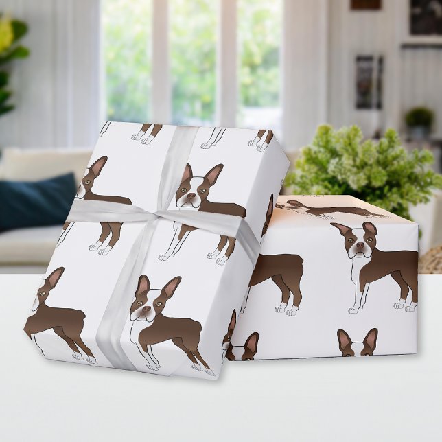 Chocolate Brown Boston Terrier Cartoon Dog Pattern Wrapping Paper (Creator Uploaded)