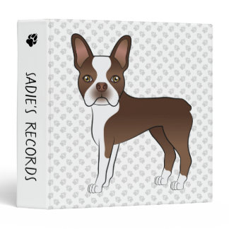 Chocolate Brown Boston Terrier Cartoon Dog &amp; Paws 3 Ring Binder